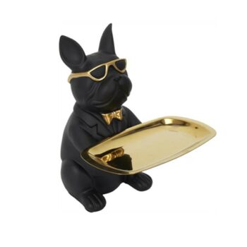 Figura Bulldog Negra 21 CM Resina C/Bandeja